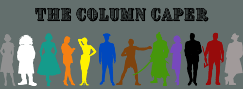 1950s murder mystery characters lined up with words saying, "the column caper"