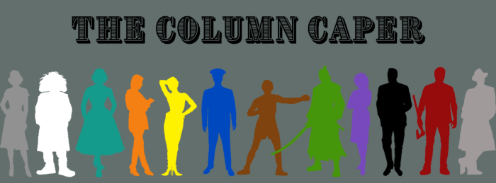 1950s murder mystery characters lined up with words saying, "the column caper"