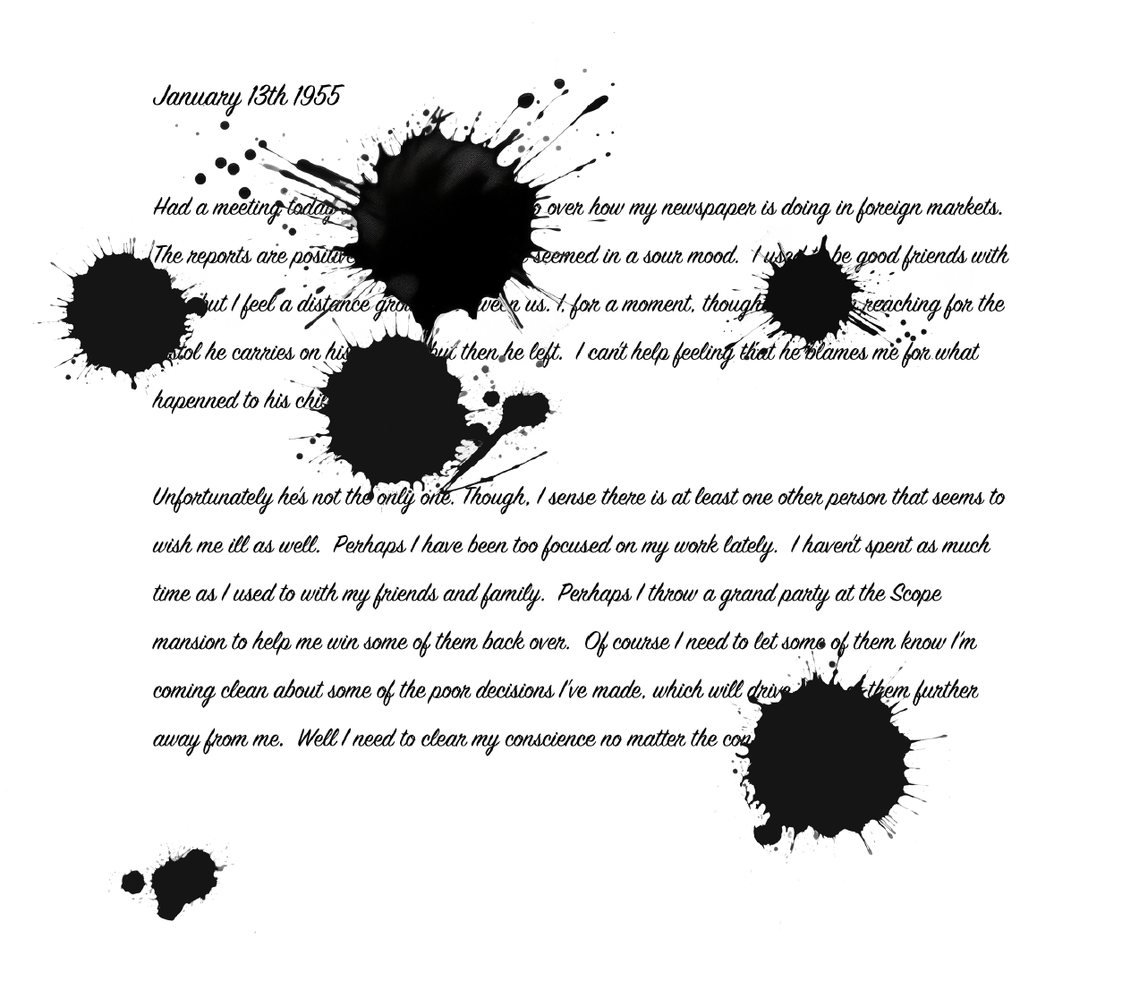 Scope's Journal Entry with ink blotches